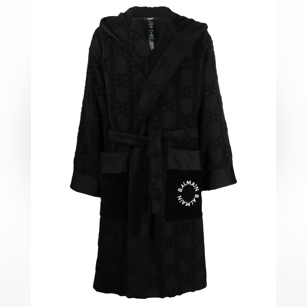 BALMAIN***Logo Printed Hooded Black Robe**Med. $1315 CURRENT!! Full pric…